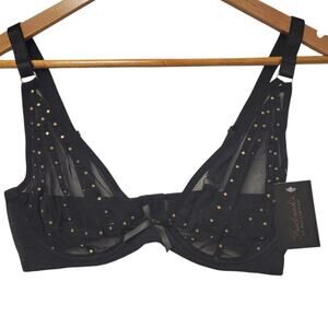 NWT Frederick's of Hollywood Rozlyn Black & Gold Stud Underwire Sheer Bra - 32DD